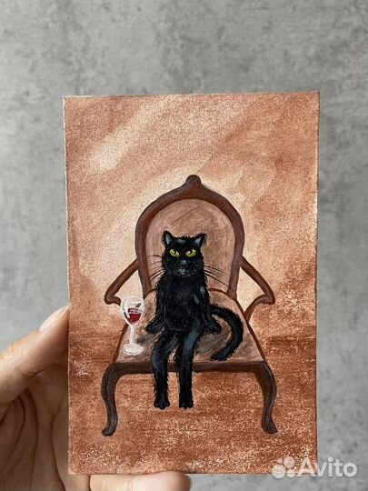 Картина кот с вином на кресле 10х15 картон