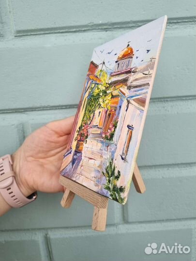 Картина маслом пейзаж Греции Улочки дома 15х10 см