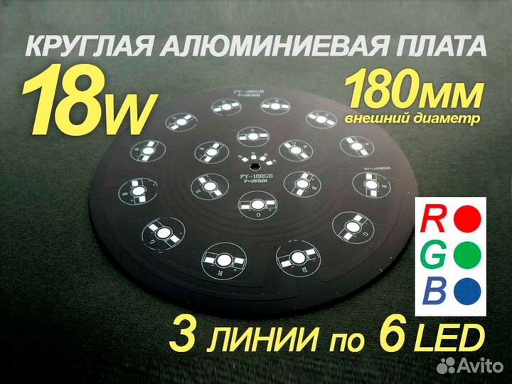 Алюминиевая плата круглая 180 мм 18W, RGB 3 канал