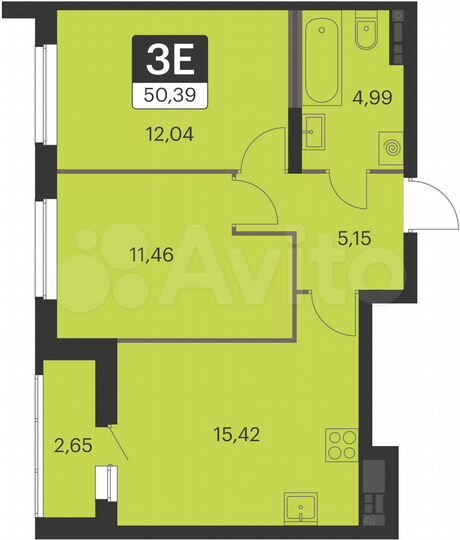2-к. квартира, 50,4 м², 2/15 эт.