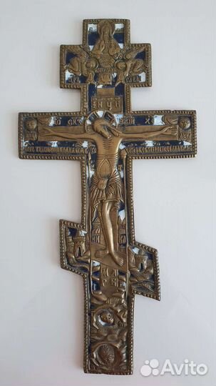 Старинный большой бронзовый крест, эмаль, 35 см
