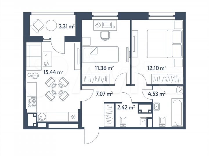 3-к. квартира, 54,6 м², 12/25 эт.