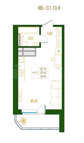 Квартира-студия, 29 м², 2/19 эт.