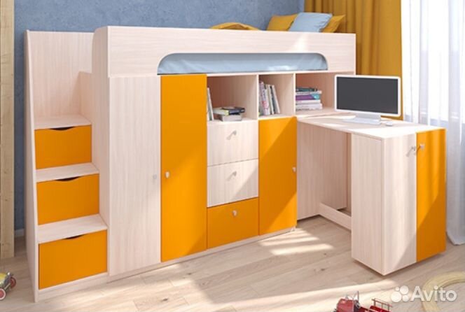Кровать Чердак Со Столом и шкафом Белый/Венге