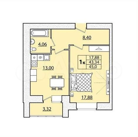 1-к. квартира, 45 м², 5/9 эт.