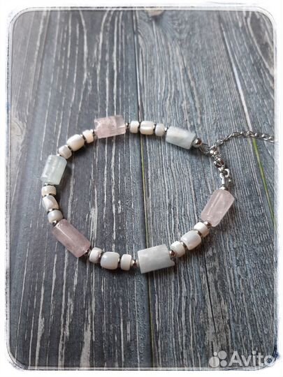 Браслет женский из аквамарина и розового кварца