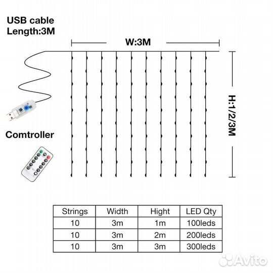 Гирлянда Занавес, Usb, тонкая нить, цветная, 3*3 м