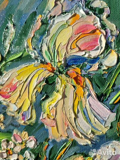 Картина маслом цветы ирисы букет цветов