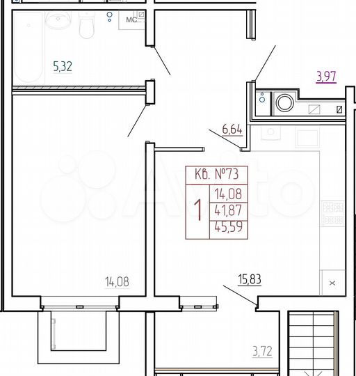 1-к. квартира, 45,6 м², 1/9 эт.