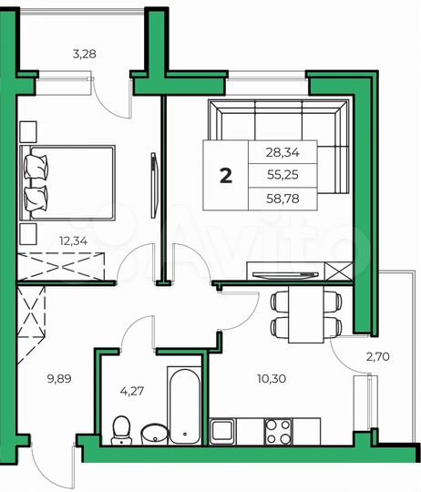 2-к. квартира, 55,3 м², 3/9 эт.