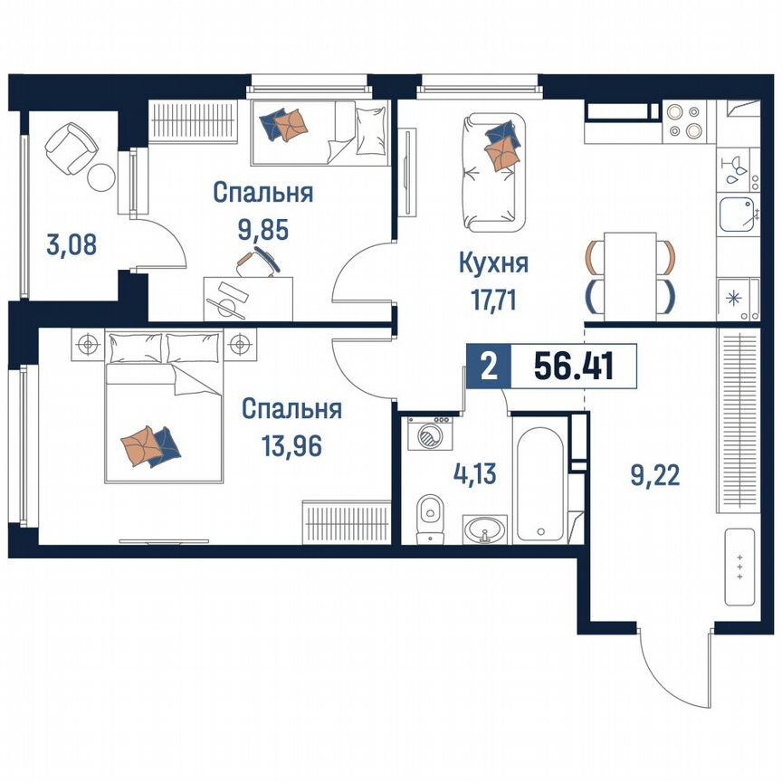 2-к. квартира, 56,4 м², 14/18 эт.