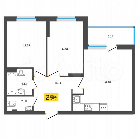 2-к. квартира, 57,4 м², 1/18 эт.