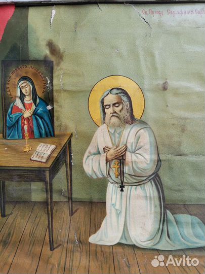 Икона старинная Серафим Саровский литография рама
