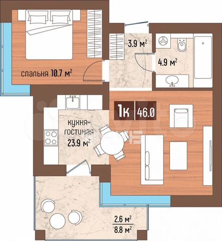 1-к. квартира, 46 м², 5/5 эт.