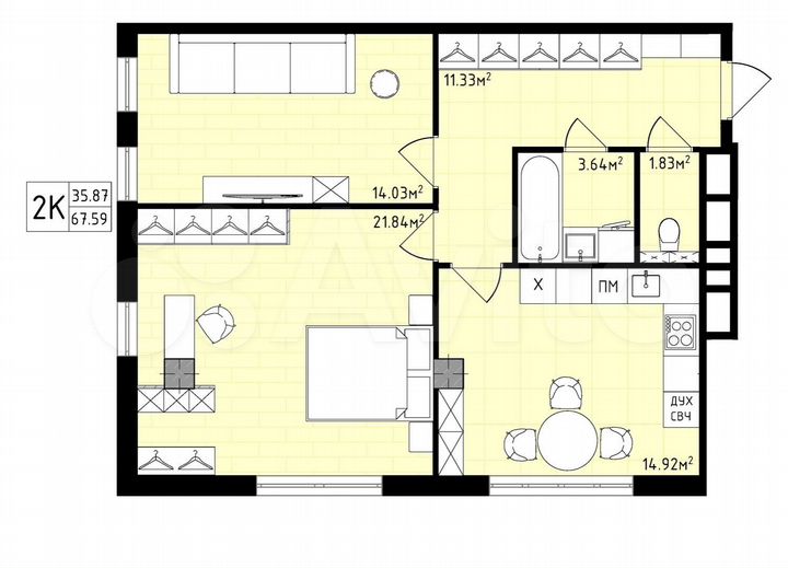 2-к. квартира, 67,6 м², 5/16 эт.