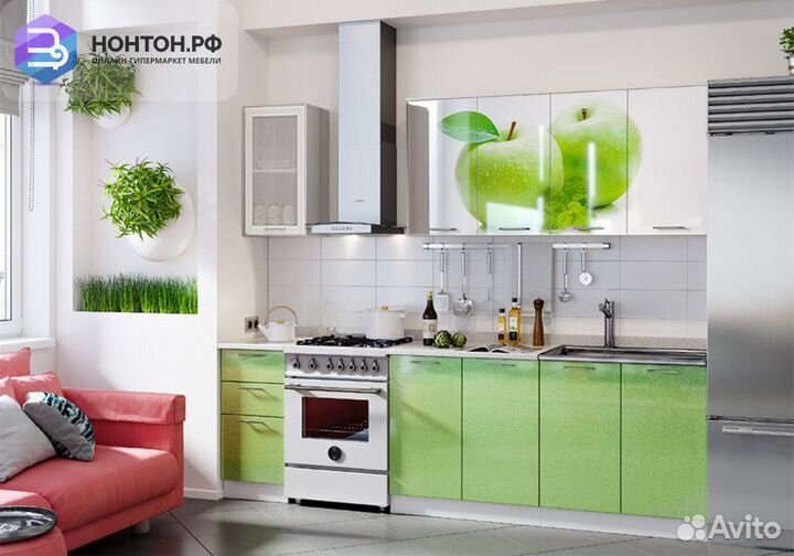 Кухня Яблоко 2.0 м белый глянец / салатовый металл