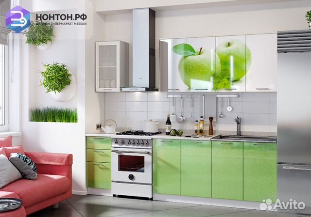 Кухня Яблоко 2.0 м белый глянец / салатовый металл