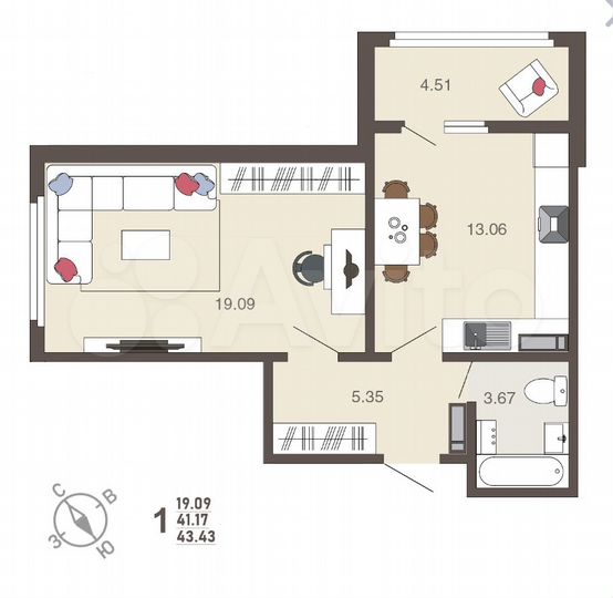 1-к. квартира, 43 м², 3/17 эт.