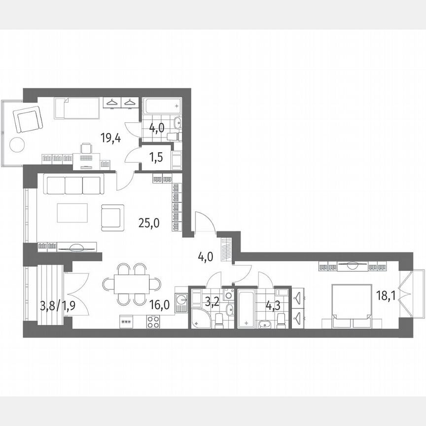 3-к. квартира, 97,4 м², 13/13 эт.