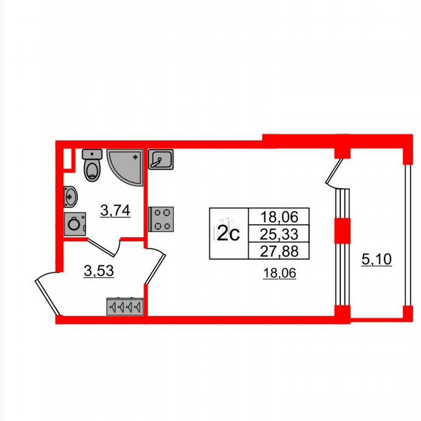 Квартира-студия, 25,1 м², 2/4 эт.