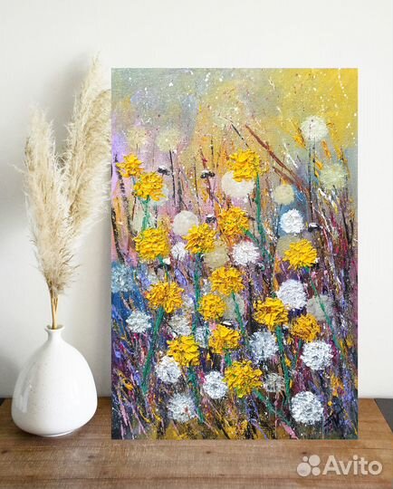 Картина маслом Одуванчики Полевые цветы