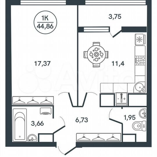 1-к. квартира, 44,9 м², 13/17 эт.