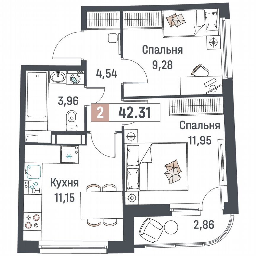 2-к. квартира, 42,3 м², 11/18 эт.