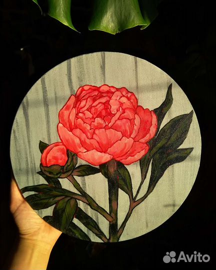 Картина акрилом пион круглый холст