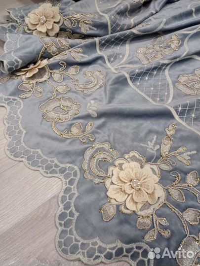 Шторы серо-голубой бархат,тюль компальоны 3D оаэ