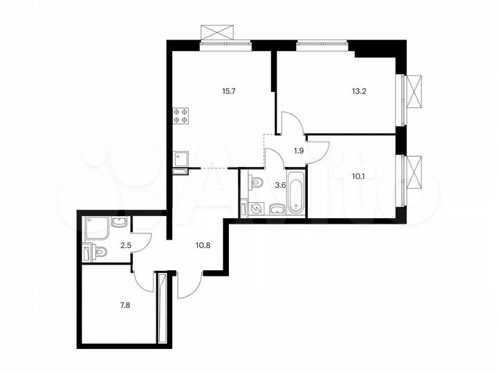 2-к. квартира, 65,6 м², 13/21 эт.