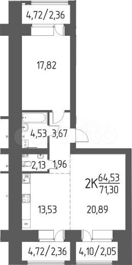 2-к. квартира, 71,3 м², 1/5 эт.