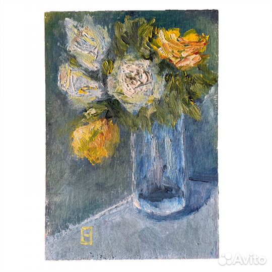 Картина маслом желтые и белые розы в вазе