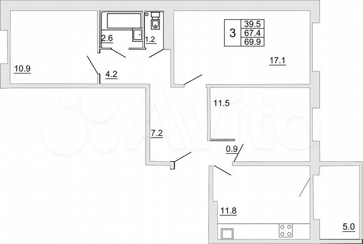 3-к. квартира, 69,9 м², 3/10 эт.