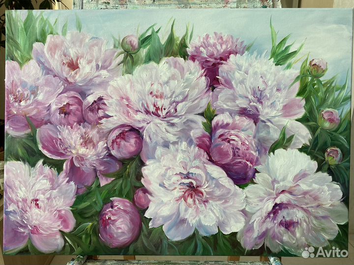 Картина маслом на холсте. Куст пионов