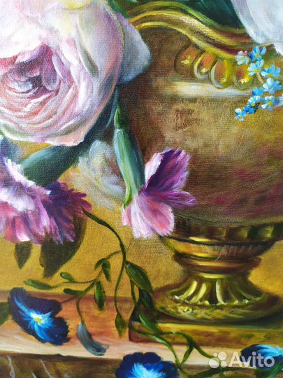 Картина маслом на холсте розы тюльпаны 60х50