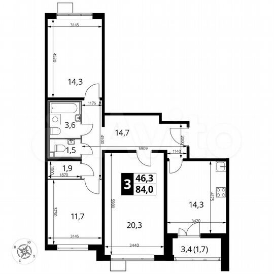 3-к. квартира, 84 м², 23/24 эт.