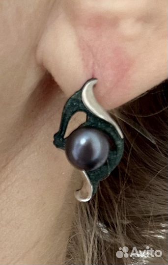 Серьги серебро с черным жемчугом