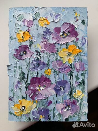 Картина маслом букет цветов тюльпаны лаванда маки