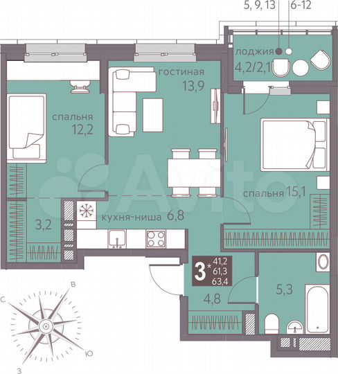 3-к. квартира, 63,4 м², 8/16 эт.