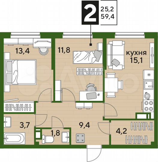 2-к. квартира, 59,4 м², 11/16 эт.