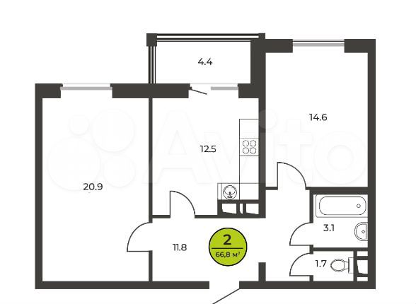 2-к. квартира, 66,4 м², 10/16 эт.