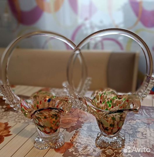 Ваза Корзинка Конфетница Цветное Стекло Винтаж