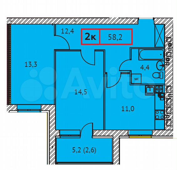 2-к. квартира, 58,2 м², 1/9 эт.