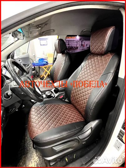 Чехлы Hyundai Santa-Fe 3 из экокожи чёрно-шоколадн