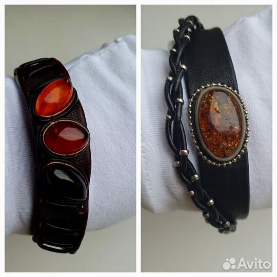 Браслет натур кожи и янтарь калининградский