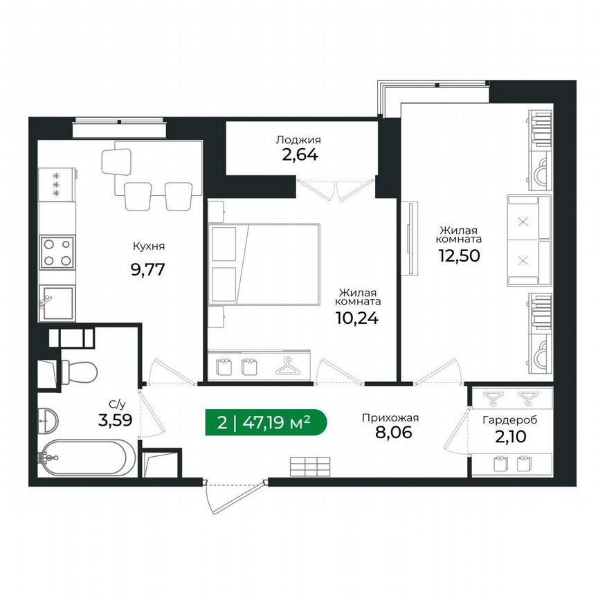 2-к. квартира, 47,2 м², 8/8 эт.