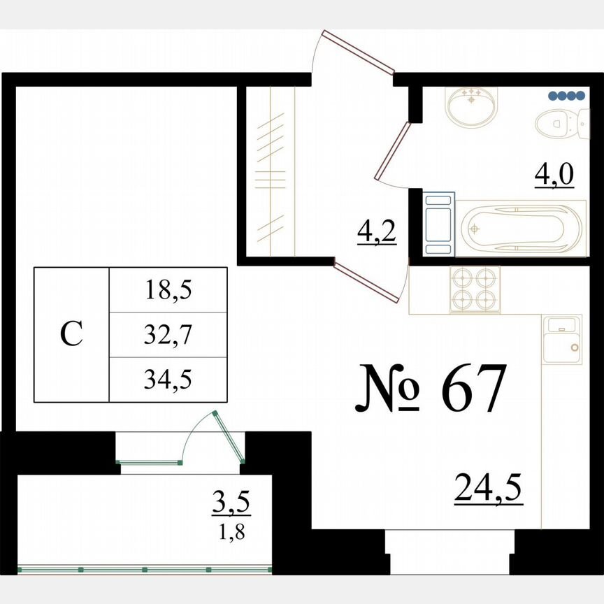 Квартира-студия, 34,5 м², 8/8 эт.