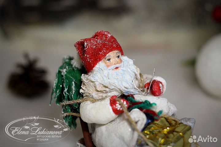 Ватная игрушка Дед Мороз на санях