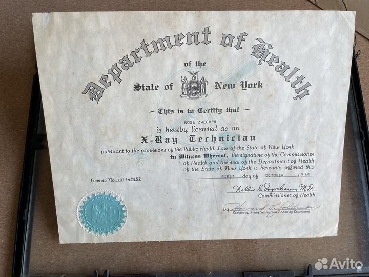 Сертификат штата Нью Йорк 1965г
