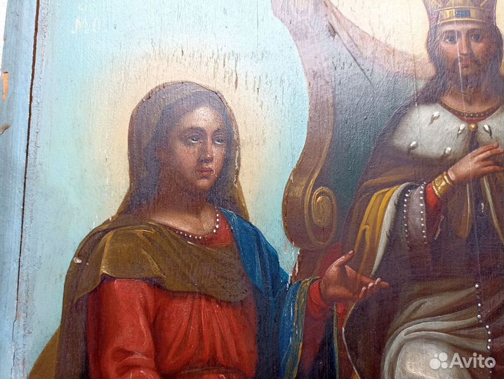 Икона старинная спас на троне. Киот